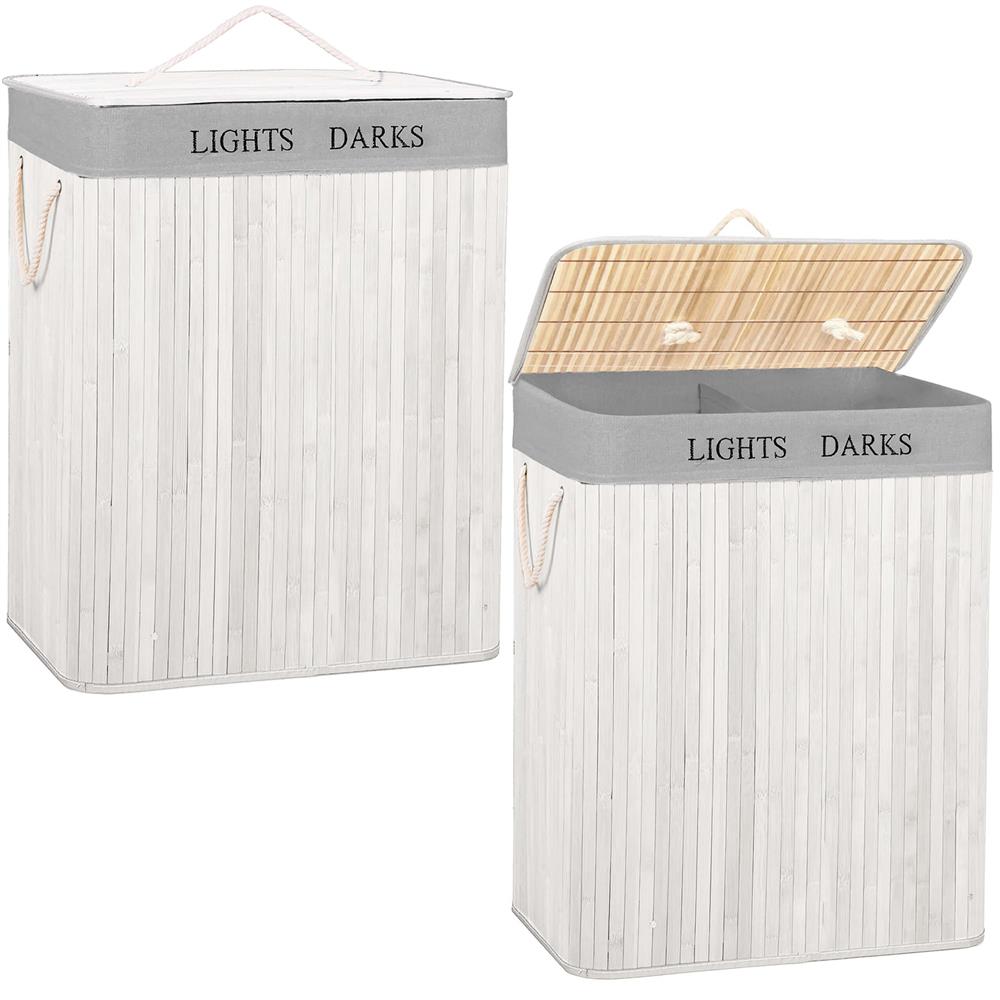 Cos pentru rufe din bambus, pliabil, cu 2 compartimente, volum 105 L, 63x52x33 cm, alb si gri - imagine 8
