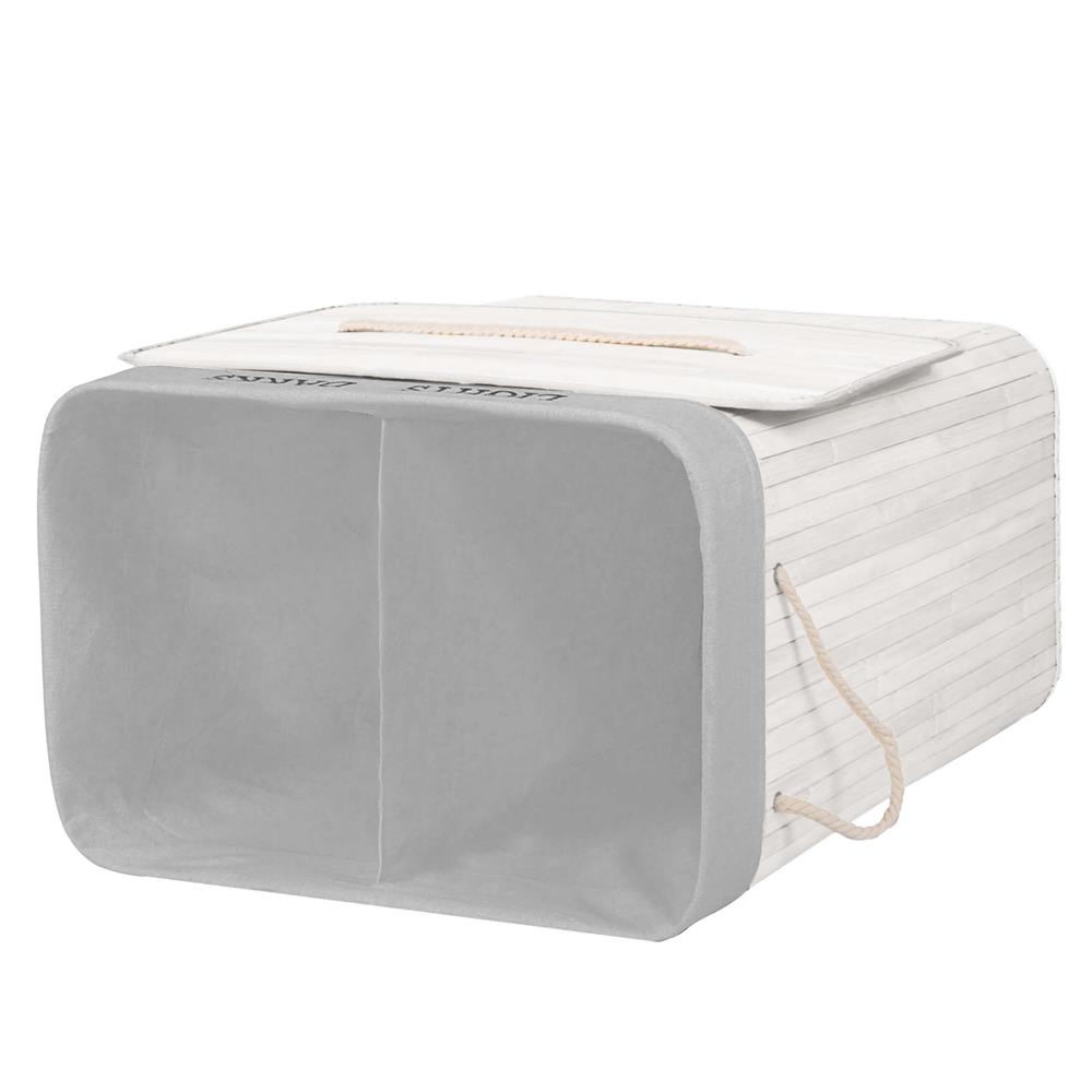 Cos pentru rufe din bambus, pliabil, cu 2 compartimente, volum 105 L, 63x52x33 cm, alb si gri - imagine 10
