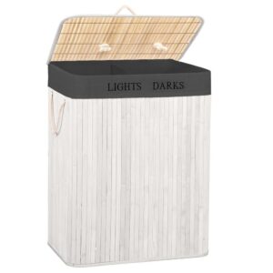Cos pentru rufe din bambus, pliabil, cu 2 compartimente, volum 105 L, 63x52x33 cm, alb si gri inchis