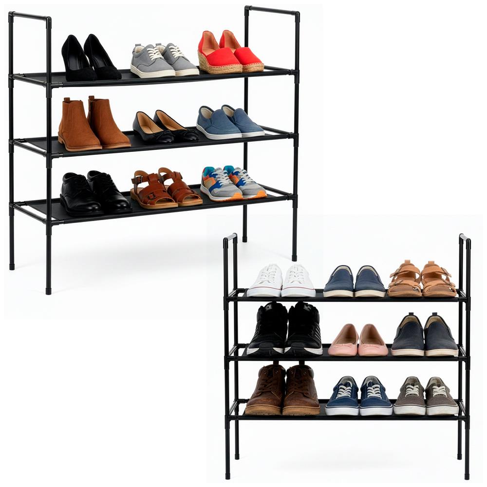 Raft pantofi cu 3 polite, structura metalica si rafturi textile, 72x28x70 cm, negru - imagine 2