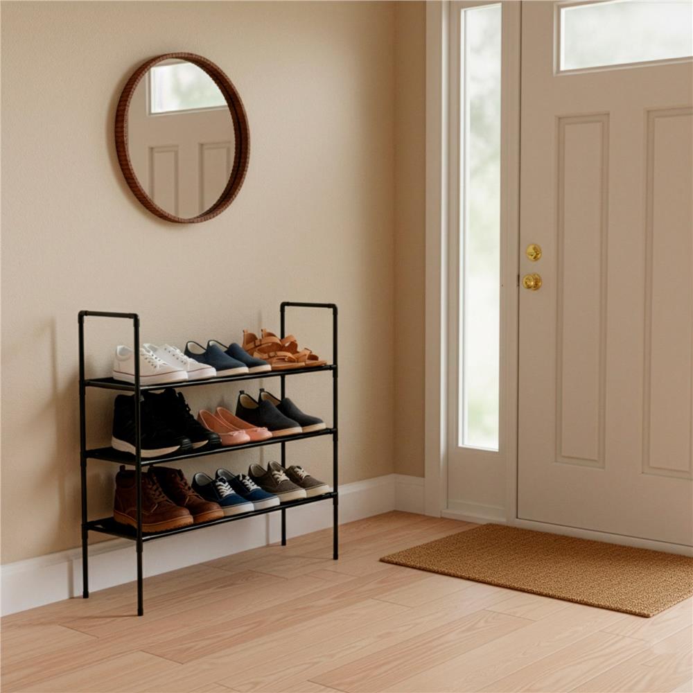 Raft pantofi cu 3 polite, structura metalica si rafturi textile, 72x28x70 cm, negru - imagine 17