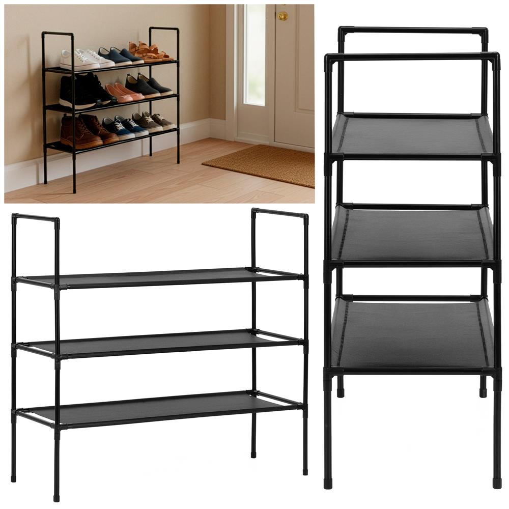 Raft pantofi cu 3 polite, structura metalica si rafturi textile, 72x28x70 cm, negru - imagine 5