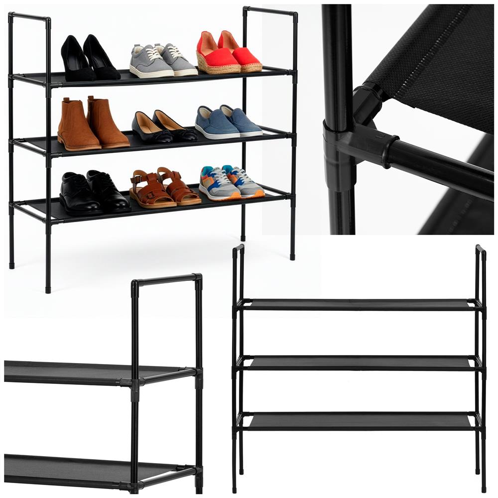 Raft pantofi cu 3 polite, structura metalica si rafturi textile, 72x28x70 cm, negru - imagine 6