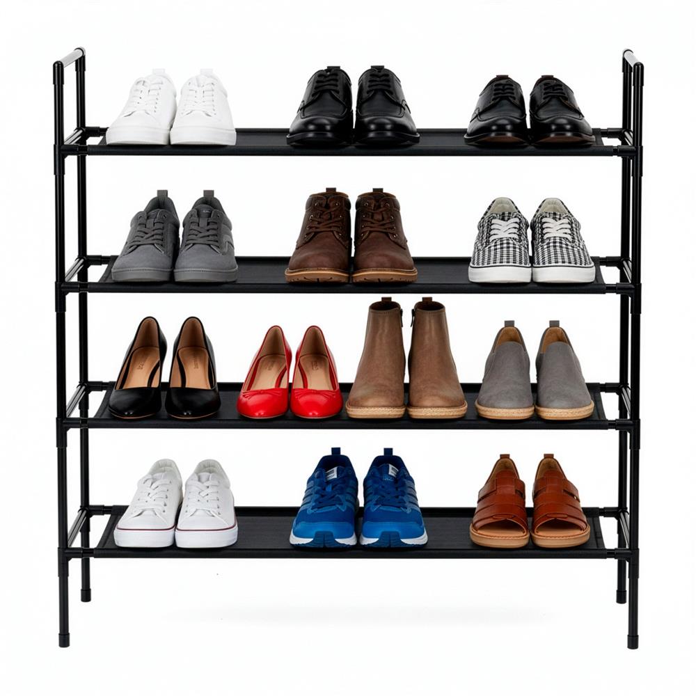 Raft pantofi cu 4 polite, structura metalica si rafturi textile, 72x28x75 cm, negru - imagine 11