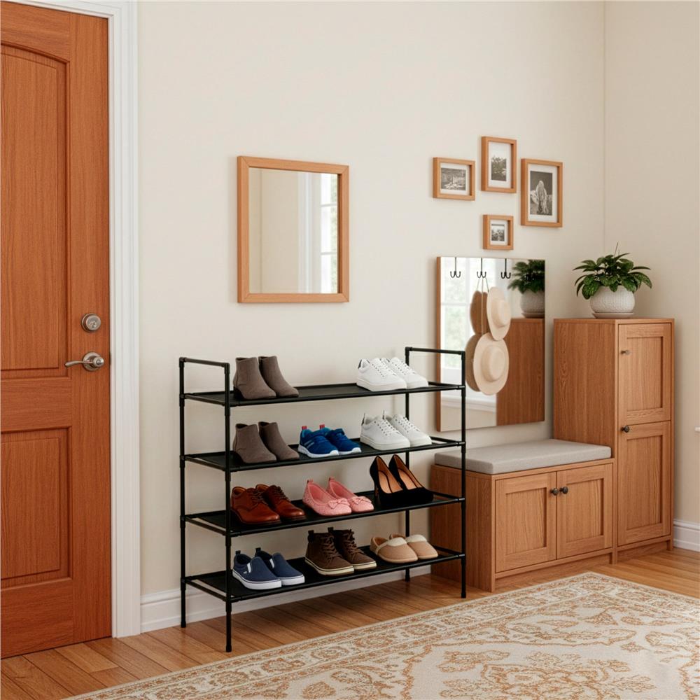 Raft pantofi cu 4 polite, structura metalica si rafturi textile, 72x28x75 cm, negru - imagine 14