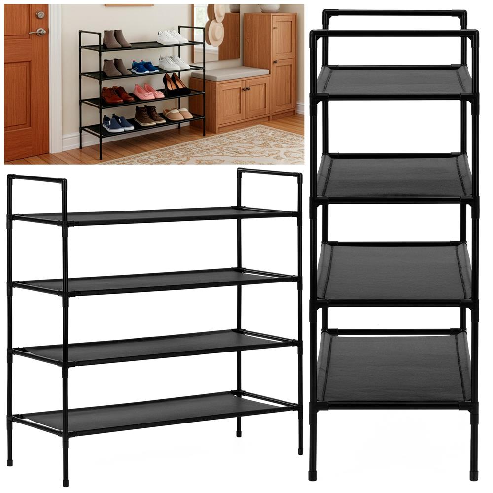 Raft pantofi cu 4 polite, structura metalica si rafturi textile, 72x28x75 cm, negru - imagine 5