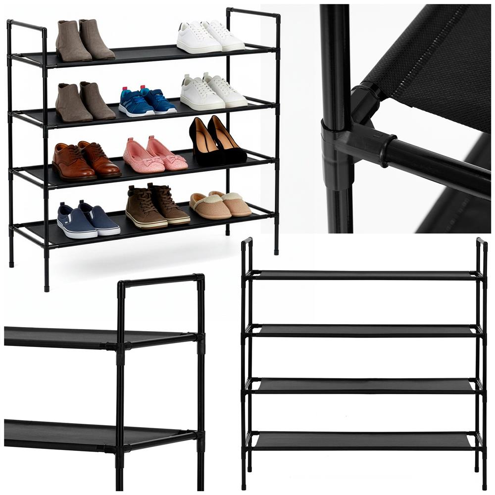 Raft pantofi cu 4 polite, structura metalica si rafturi textile, 72x28x75 cm, negru - imagine 6