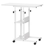 Birou reglabil pe inaltime cu rafturi si roti, blat din lemn si structura metalica, 80x40x76-86 cm, alb