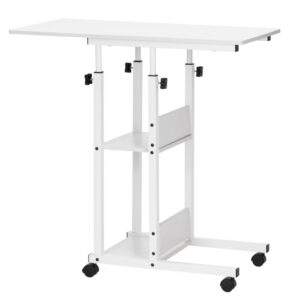 Birou reglabil pe inaltime cu rafturi si roti, blat din lemn si structura metalica, 80x40x76-86 cm, alb