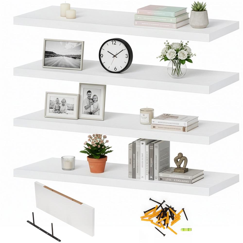 Set 4 rafturi supendate de perete, MDF cu suport metalic ingropat, 40x15 cm, alb - imagine 6