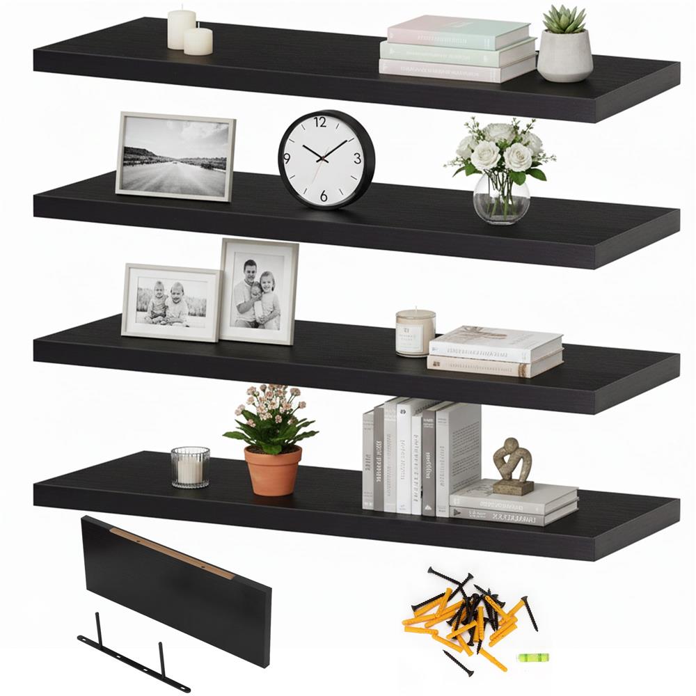Set 4 rafturi supendate de perete, MDF cu suport metalic ingropat, 40x15 cm, negru - imagine 8