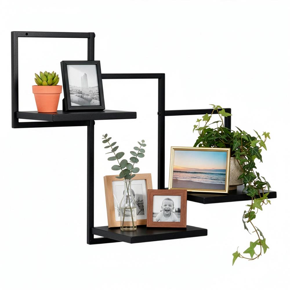 Raft de perete cu 3 polite din MDF si cadru metalic, 58x21x50 cm, negru - imagine 13