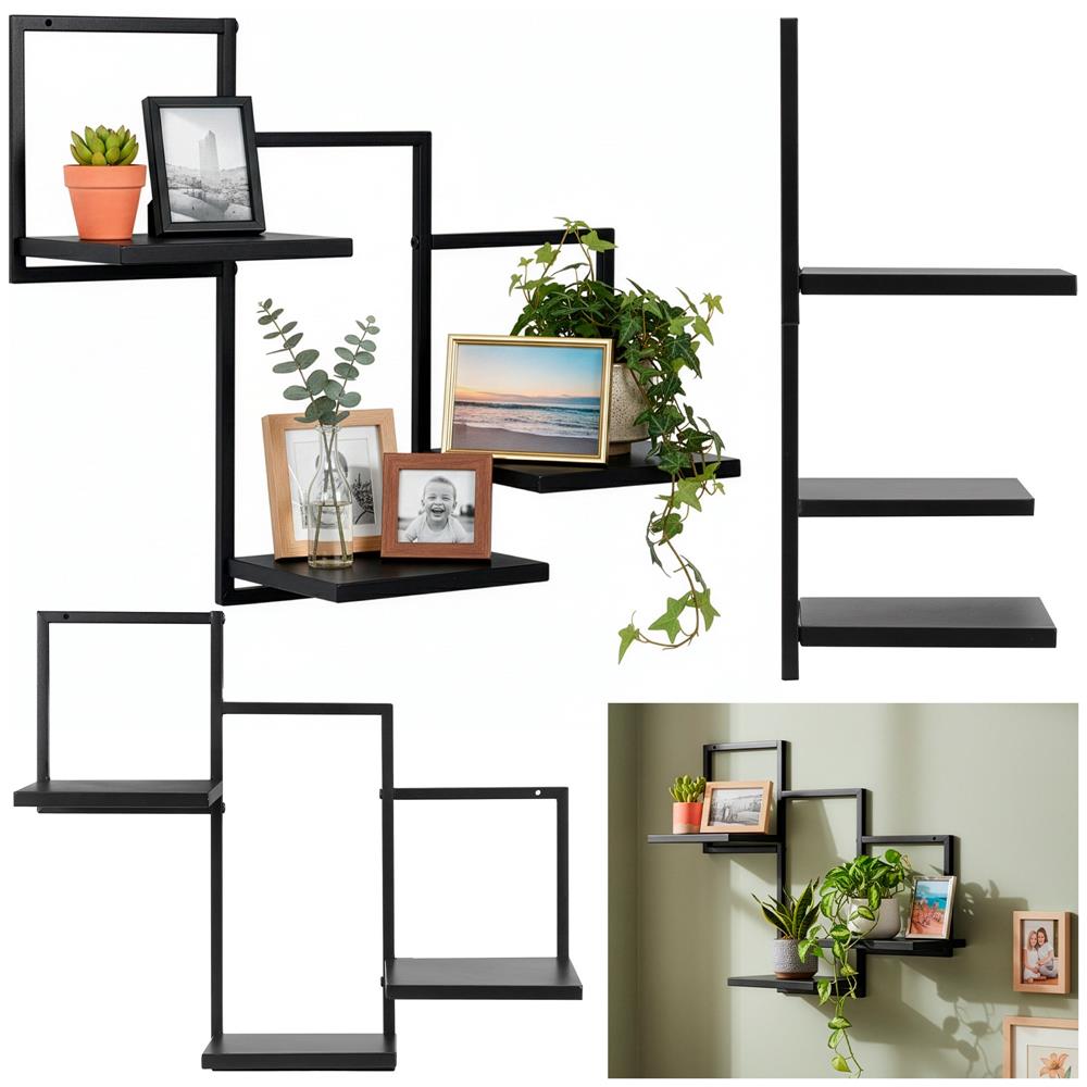 Raft de perete cu 3 polite din MDF si cadru metalic, 58x21x50 cm, negru - imagine 4