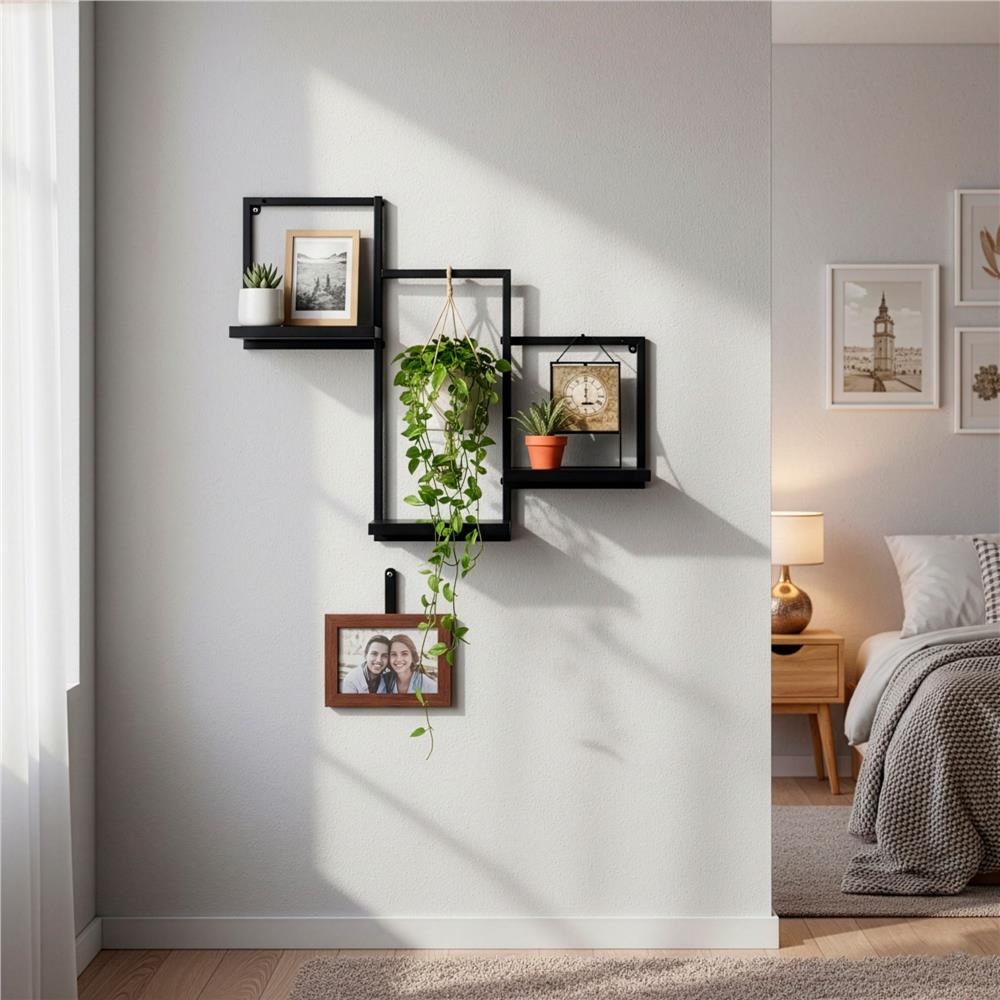 Raft de perete cu 3 polite din MDF si cadru metalic, 58x21x50 cm, negru - imagine 7