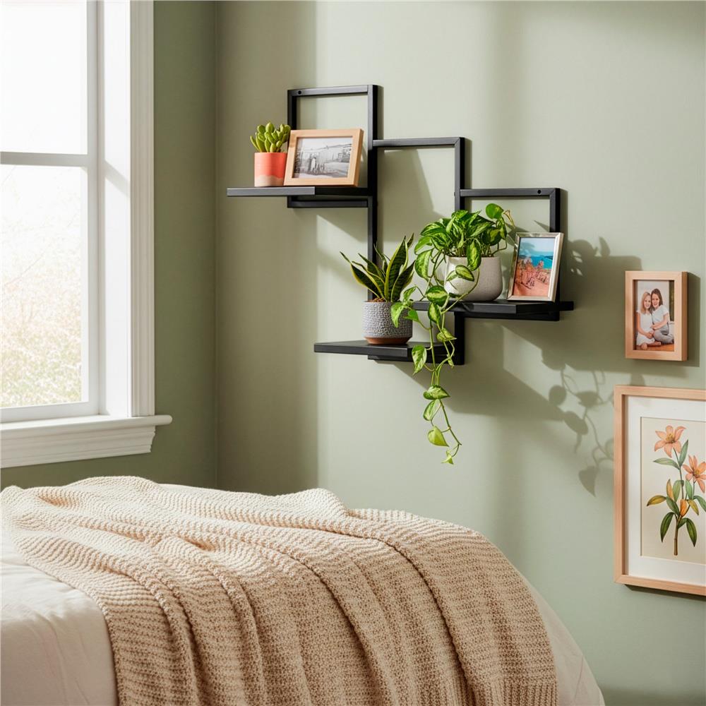 Raft de perete cu 3 polite din MDF si cadru metalic, 58x21x50 cm, negru - imagine 8