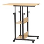 Birou reglabil pe inaltime cu rafturi si roti, blat din lemn si structura metalica, 80x40x76-86 cm, maro natur