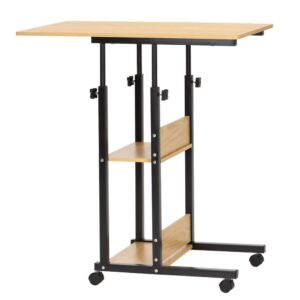 Birou reglabil pe inaltime cu rafturi si roti, blat din lemn si structura metalica, 80x40x76-86 cm, maro natur