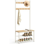 VASAGLE Cuier hol 3 in 1 cu banca si raft pantofi, cadru metalic si PAL, 70x32x177 cm, stejar si crem