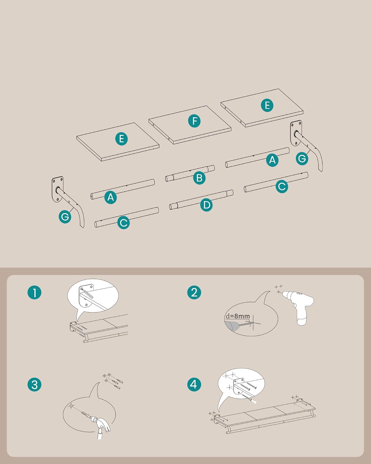 SONGMICS Cuier cu montaj pe perete cu bara pentru umerase si raft, capacitate 60 kg, stil industrial, 109x28x13 cm, maro rustic - imagine 3