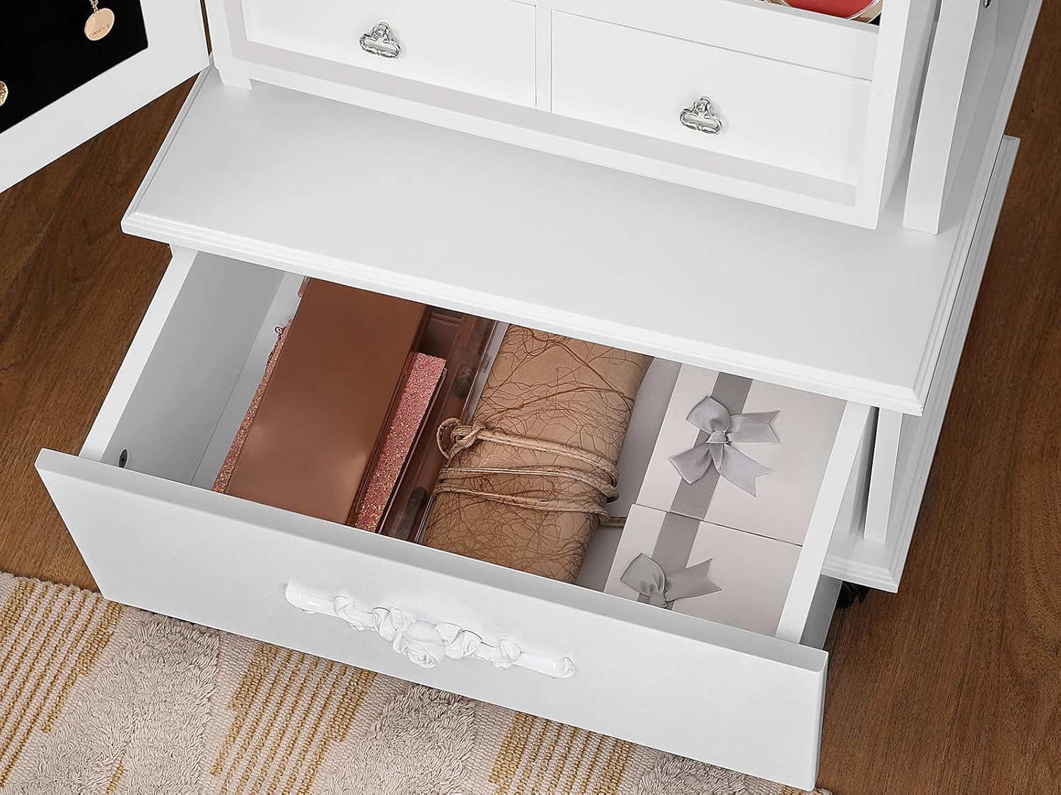 SONGMICS Oglinda de podea cu dulap depozitare bijuterii, iluminare LED si roti, cu cheie, 35x45x156 cm, alb - imagine 3