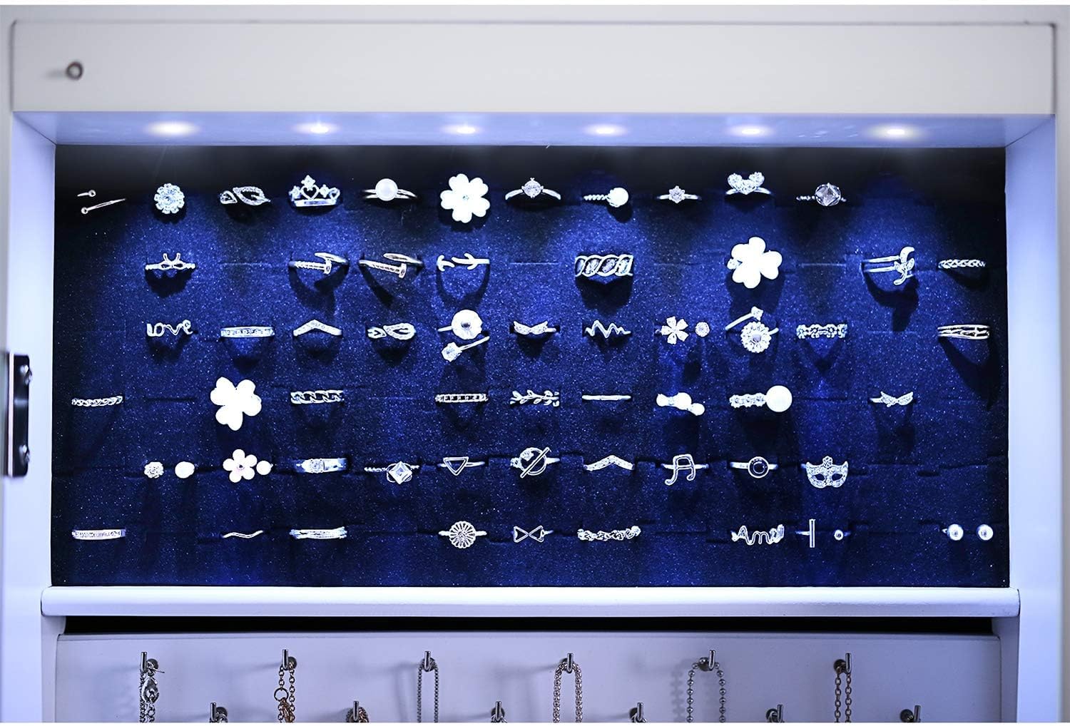 SONGMICS Oglinda de podea cu dulap depozitare bijuterii, iluminare LED si roti, cu cheie, 35x45x156 cm, alb - imagine 14