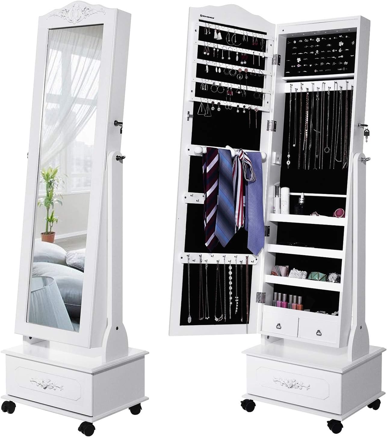 SONGMICS Oglinda de podea cu dulap depozitare bijuterii, iluminare LED si roti, cu cheie, 35x45x156 cm, alb - imagine 15