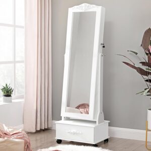 SONGMICS Oglinda de podea cu dulap depozitare bijuterii, iluminare LED si roti, cu cheie, 35x45x156 cm, alb