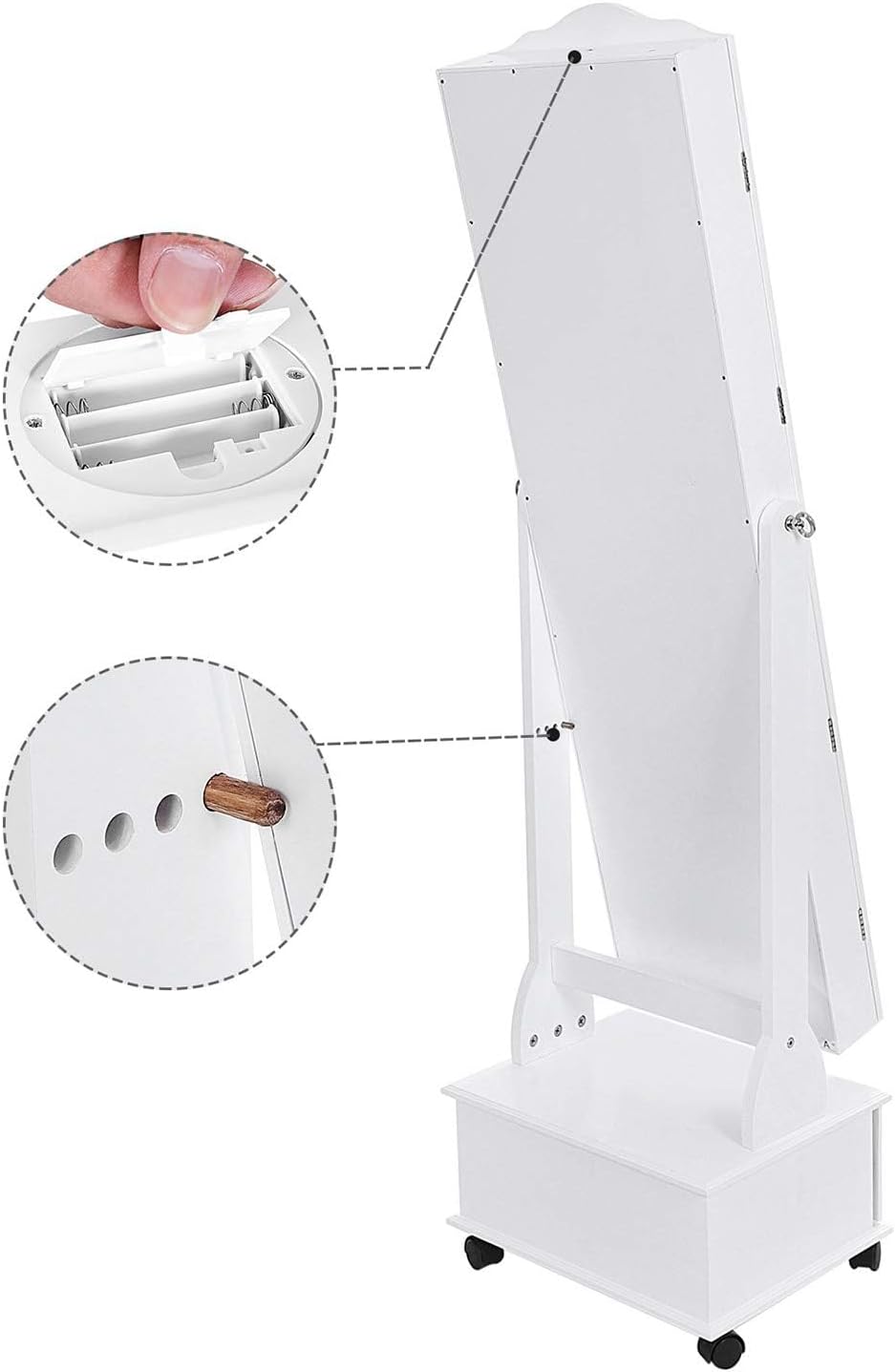 SONGMICS Oglinda de podea cu dulap depozitare bijuterii, iluminare LED si roti, cu cheie, 35x45x156 cm, alb - imagine 9