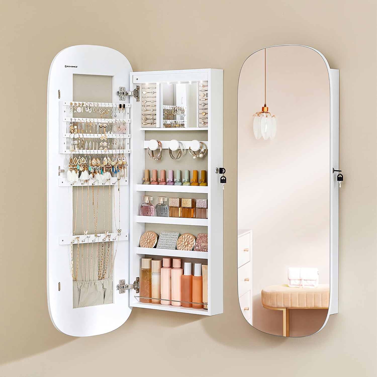 SONGMICS Dulap pentru bijuterii cu oglinda si LED, montare pe perete sau usa, inchidere cu cheie, 42x10x108 cm, alb - imagine 5