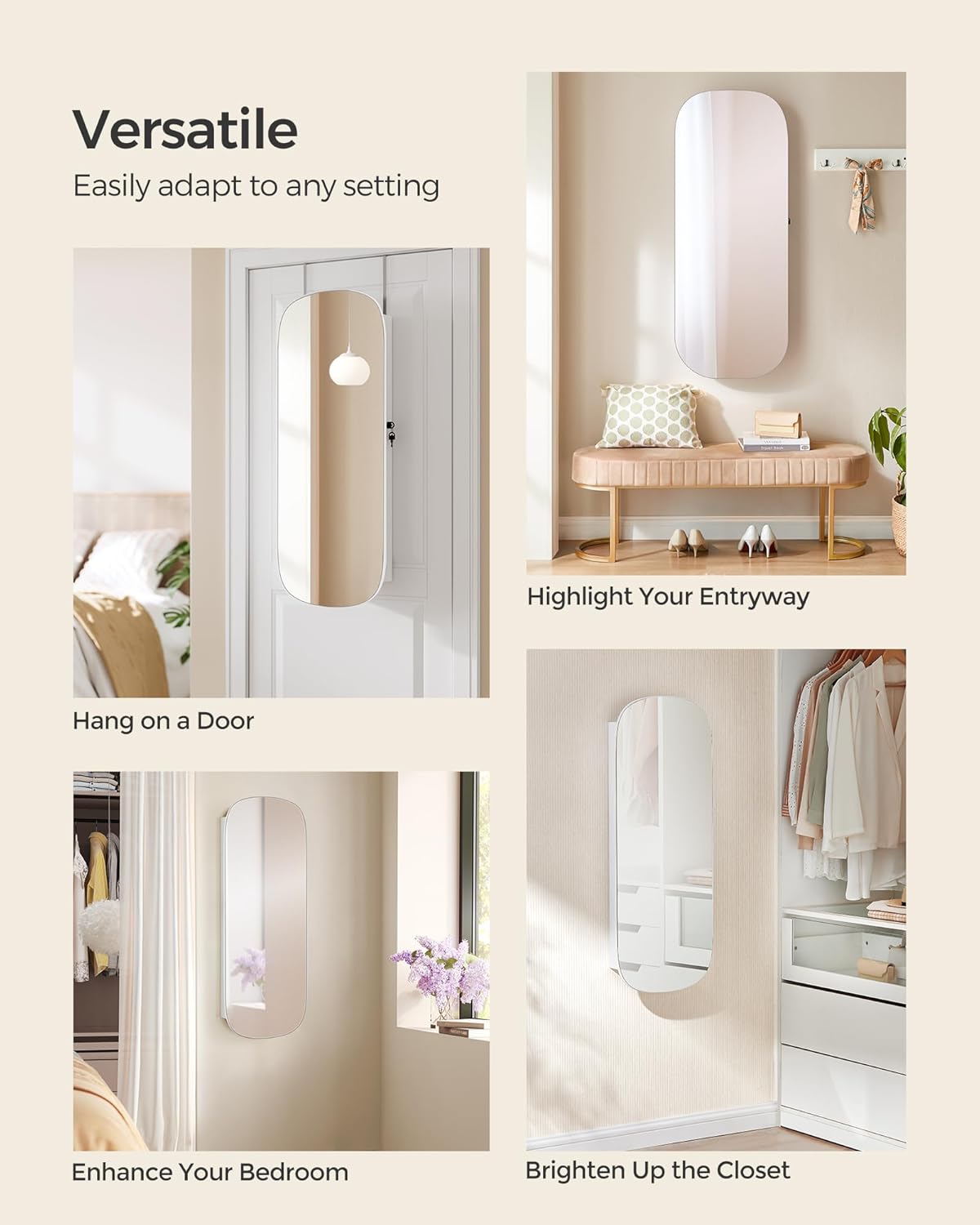 SONGMICS Dulap pentru bijuterii cu oglinda si LED, montare pe perete sau usa, inchidere cu cheie, 42x10x108 cm, alb - imagine 6