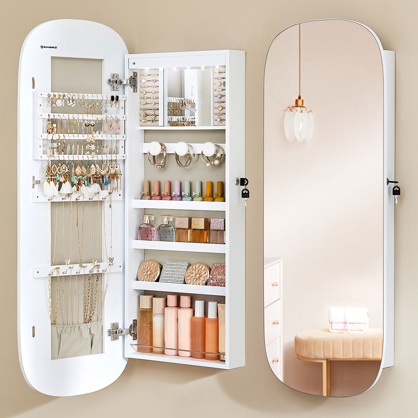 SONGMICS Dulap pentru bijuterii cu oglinda si LED, montare pe perete sau usa, inchidere cu cheie, 42x10x108 cm, alb