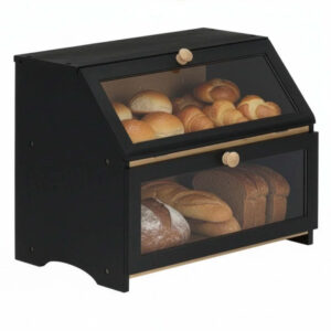 Cutie pentru paine cu 2 niveluri din bambus, cu ferestre transparente si inchidere magnetica, 39x25x32 cm, negru