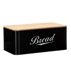 Cutie pentru paine din metal cu capac din bambus, finisaj lucios, 33x18x14 cm, negru