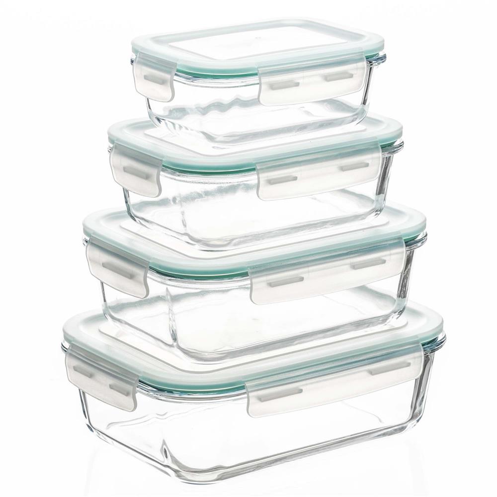 Set 4 recipiente din sticla termorezistenta, cu capac etans, BPA free, 350ml / 600ml / 1000ml / 1450ml , transparent