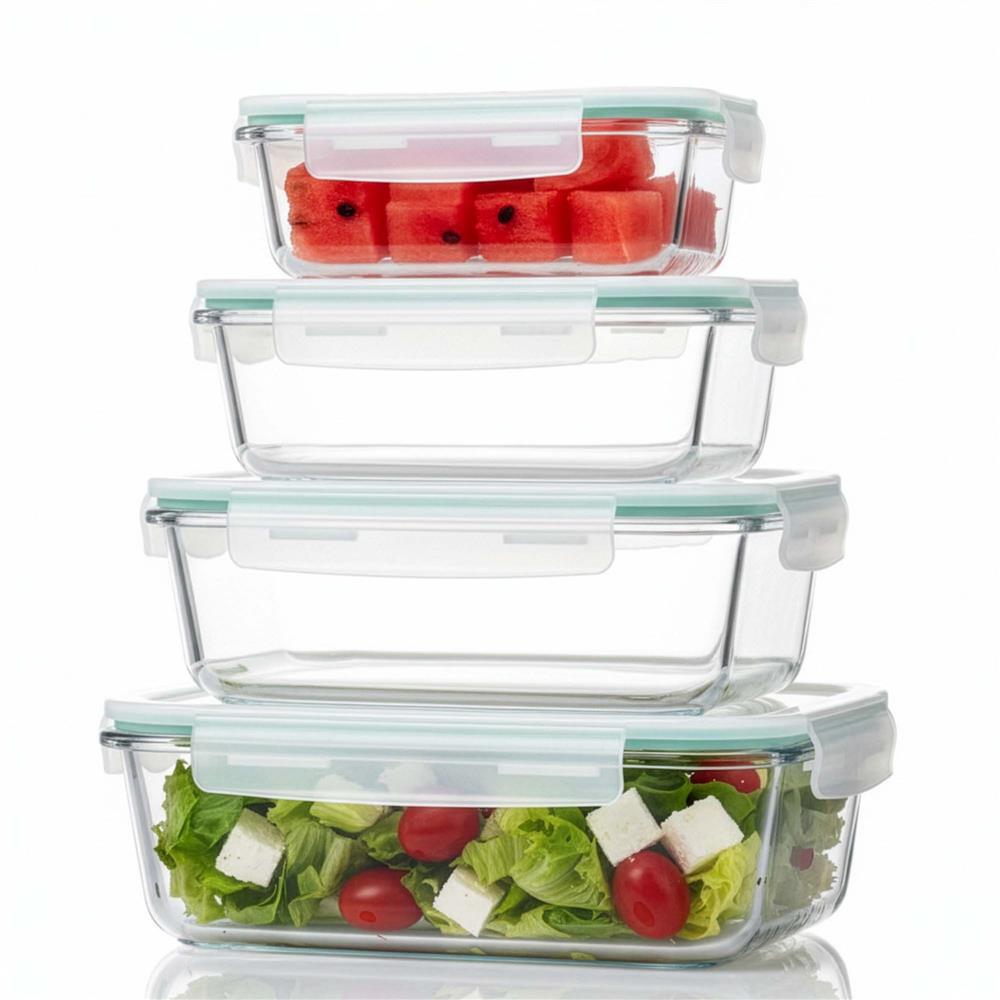 Set 4 recipiente din sticla termorezistenta, cu capac etans, BPA free, 350ml / 600ml / 1000ml / 1450ml , transparent - imagine 4