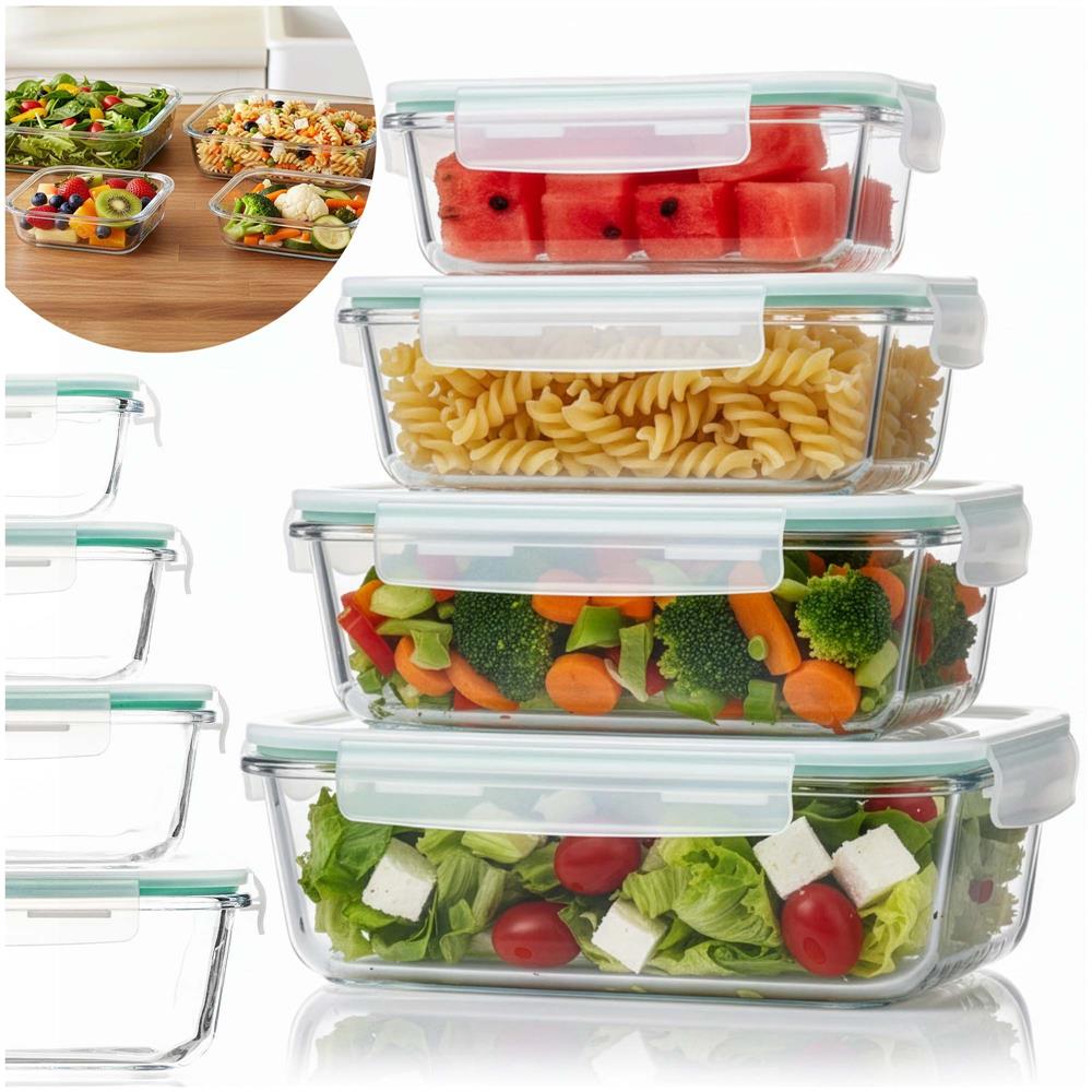 Set 4 recipiente din sticla termorezistenta, cu capac etans, BPA free, 350ml / 600ml / 1000ml / 1450ml , transparent - imagine 5