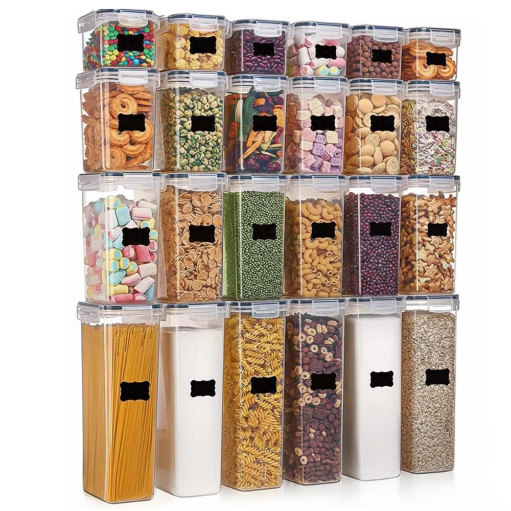 Set 24 recipiente ermetice pentru depozitarea alimentelor, cu capacitati de 0,8 L, 1,4 L, 2 L si 2,8 L, capace etanse, compatibile cu microunde, congelator si masina de spalat vase, transparent si gri