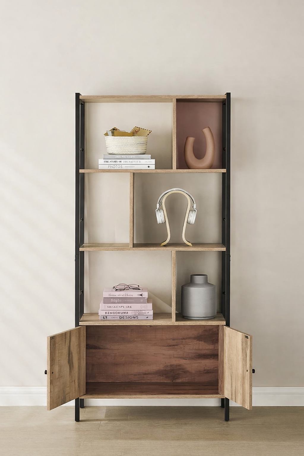 VASAGLE Biblioteca cu 4 rafturi si dulap inferior cu 2 usi, stil industrial, 74x30x155cm, stejar - imagine 5