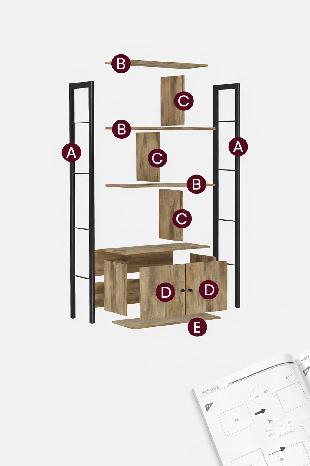 VASAGLE Biblioteca cu 4 rafturi si dulap inferior cu 2 usi, stil industrial, 74x30x155cm, stejar - imagine 7