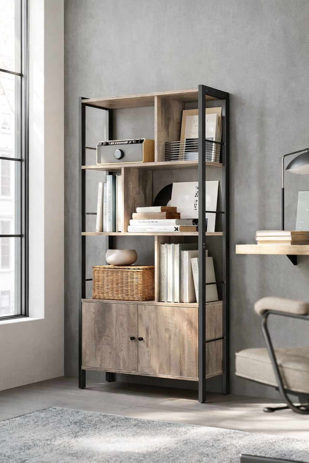 VASAGLE Biblioteca cu 4 rafturi si dulap inferior cu 2 usi, stil industrial, 74x30x155cm, stejar - imagine 8