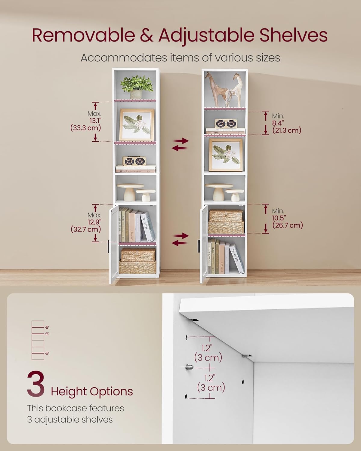 VASAGLE Biblioteca ingusta cu 6 niveluri si dulap inchis, rafturi reglabile, 24x32x175 cm, alb - imagine 4
