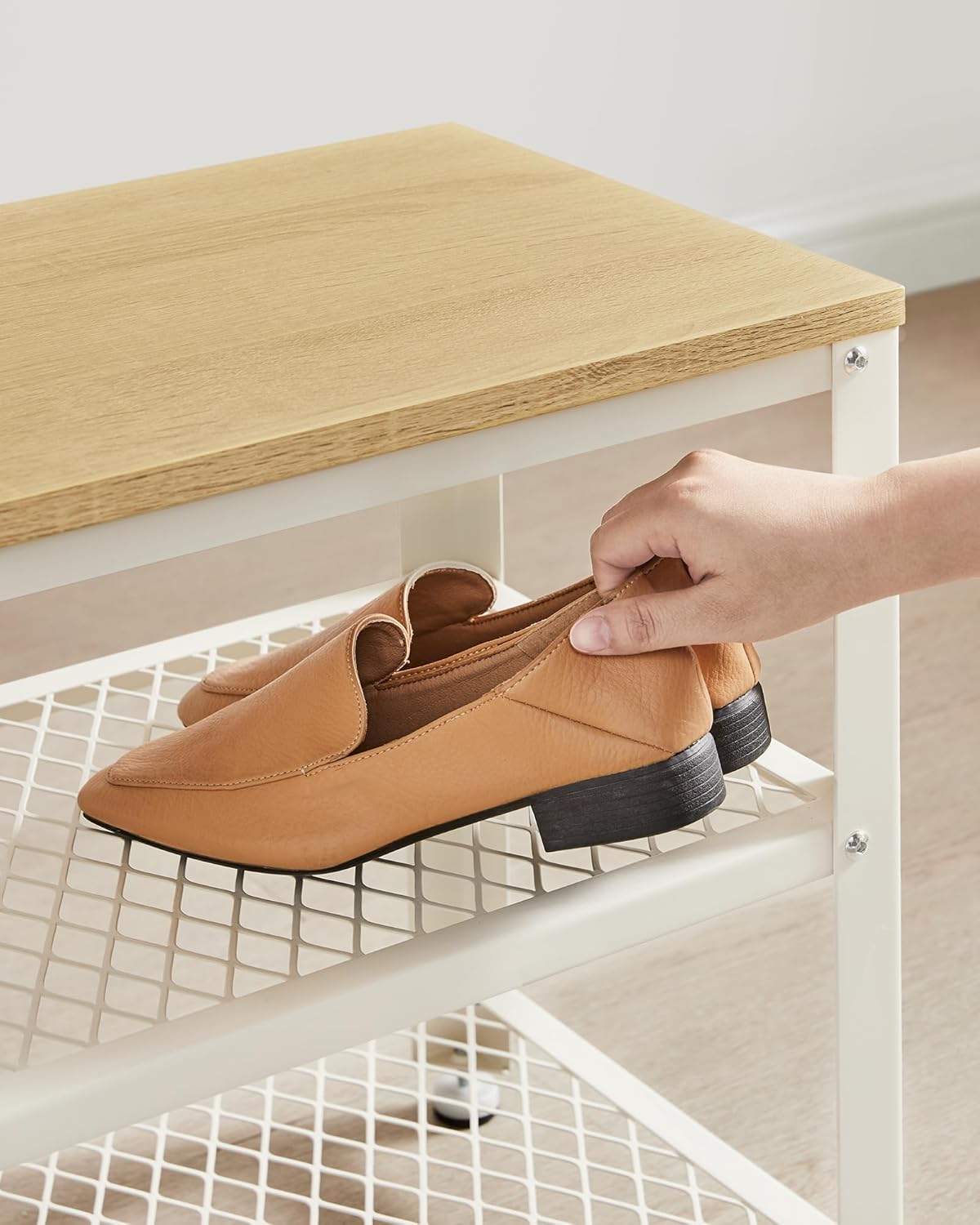 VASAGLE Banca pantofi cu 2 rafturi, cadru metalic si sezut din PAL, stil industrial, 73x30x45 cm, stejar si alb - imagine 4