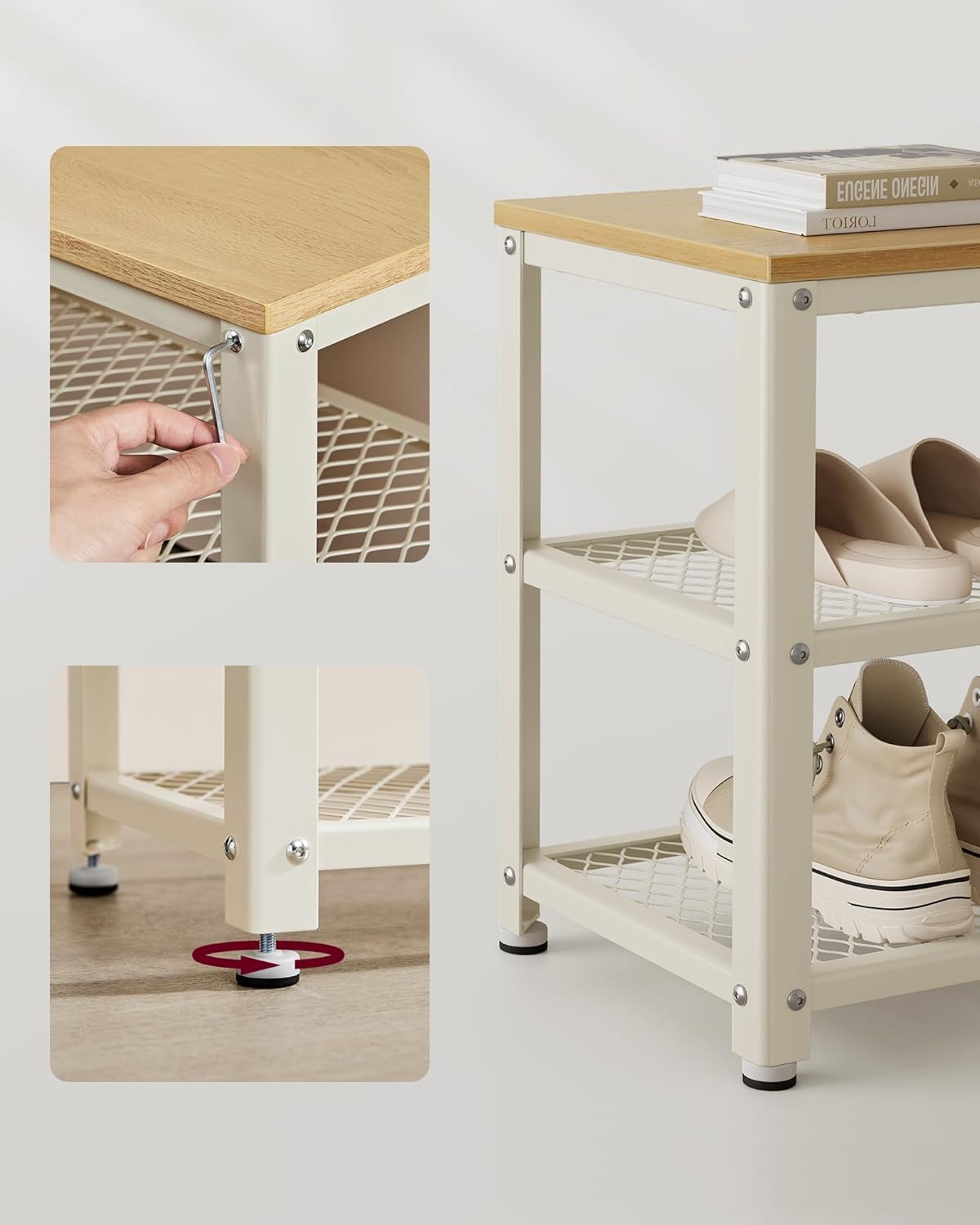 VASAGLE Banca pantofi cu 2 rafturi, cadru metalic si sezut din PAL, stil industrial, 73x30x45 cm, stejar si alb - imagine 5
