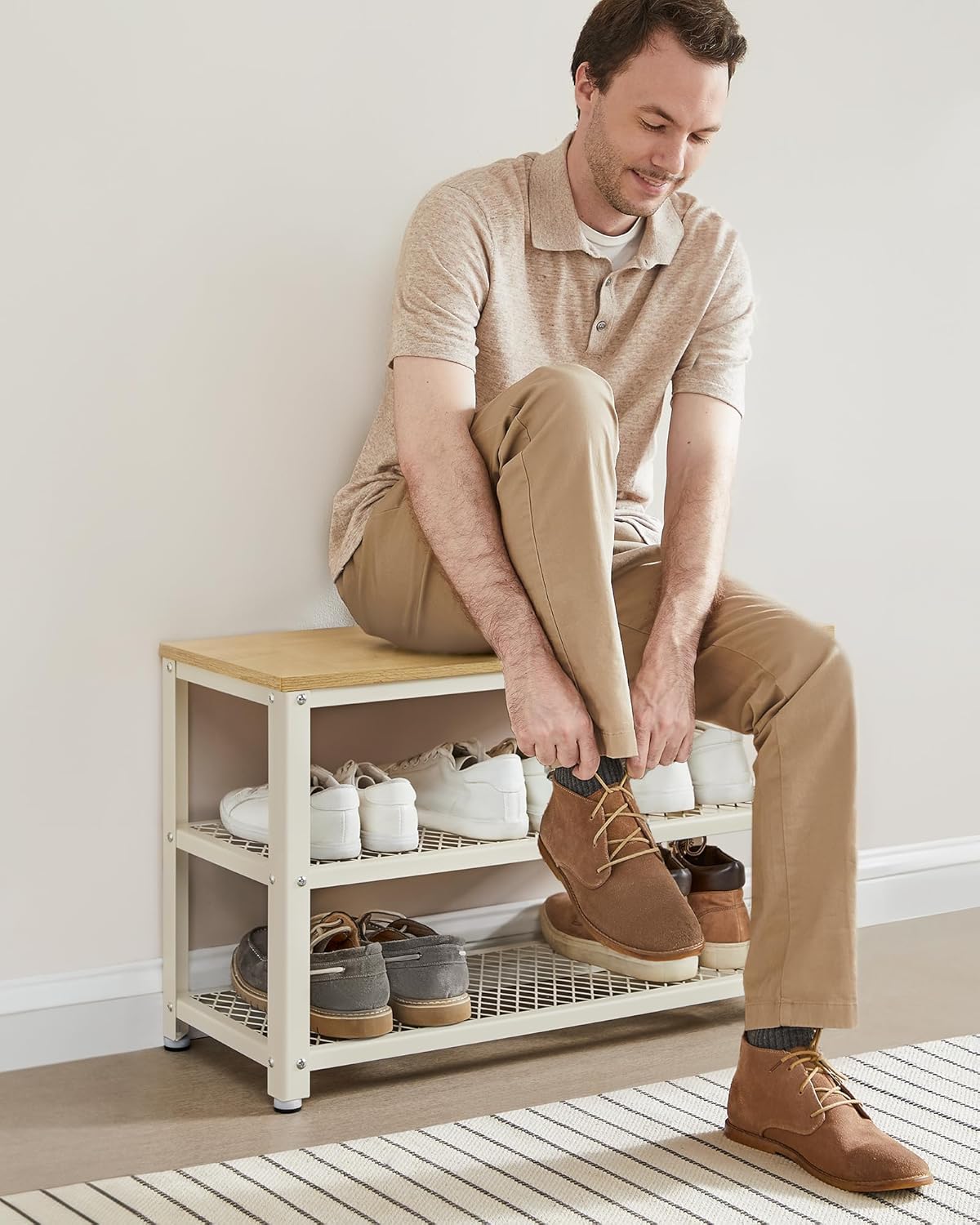 VASAGLE Banca pantofi cu 2 rafturi, cadru metalic si sezut din PAL, stil industrial, 73x30x45 cm, stejar si alb - imagine 6