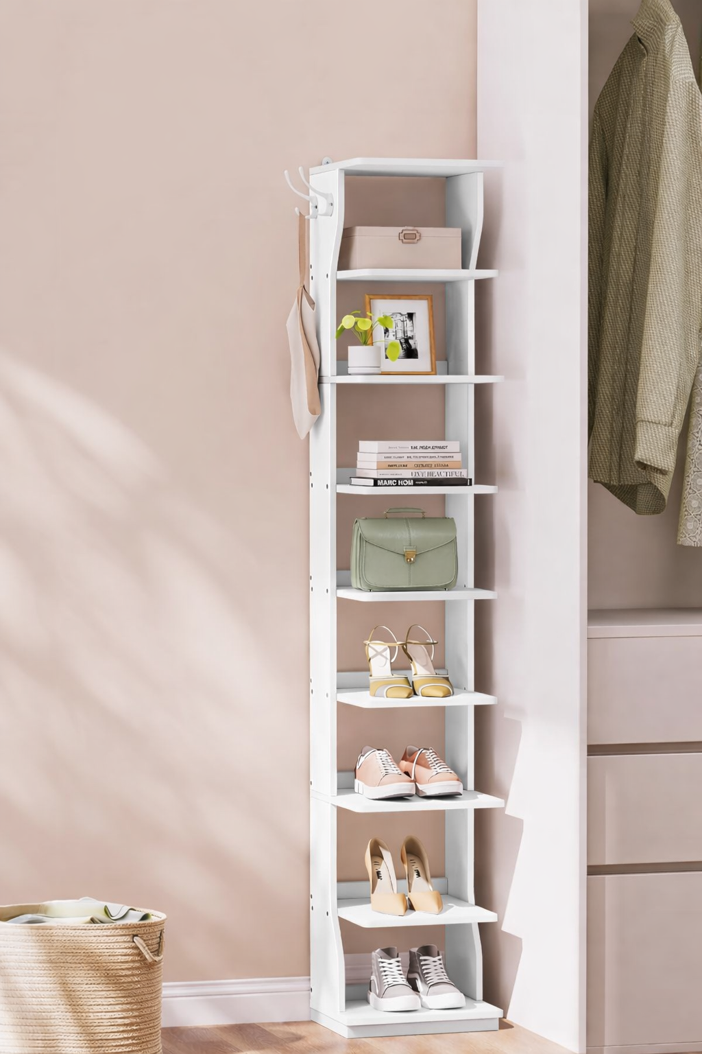 VASAGLE Raft pantofi pentru spatii inguste, 9 niveluri, cu carlige laterale, montaj pe podea, 26x30x147 cm, alb - imagine 6