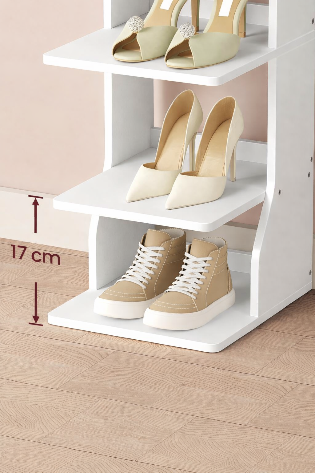 VASAGLE Raft pantofi pentru spatii inguste, 9 niveluri, cu carlige laterale, montaj pe podea, 26x30x147 cm, alb - imagine 7