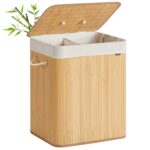 SONGMICS Cos de rufe cu capac, 2 compartimente, bambus, 120 l, pliabil, sac textil detasabil, 50x40x61 cm, maro natur