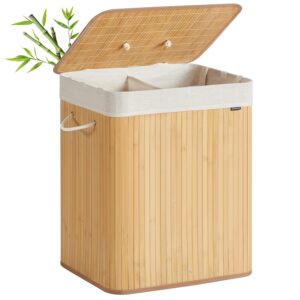 SONGMICS Cos de rufe cu capac, 2 compartimente, bambus, 120 l, pliabil, sac textil detasabil, 50x40x61 cm, maro natur