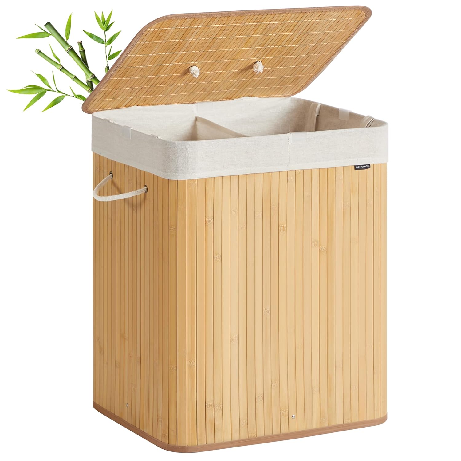 SONGMICS Cos de rufe cu capac, 2 compartimente, bambus, 120 l, pliabil, sac textil detasabil, 50x40x61 cm, maro natur