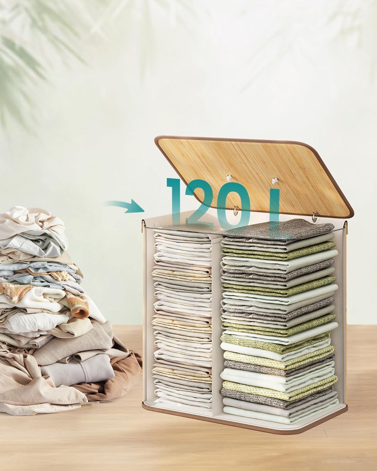 SONGMICS Cos de rufe cu capac, 2 compartimente, bambus, 120 l, pliabil, sac textil detasabil, 50x40x61 cm, maro natur - imagine 5